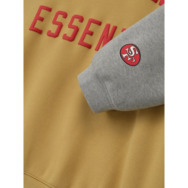 Fear of God Essentials Forty Niners Sport Hoodie in Prairie Sand and Concrete Heather | Sweatshirts | Coveti
