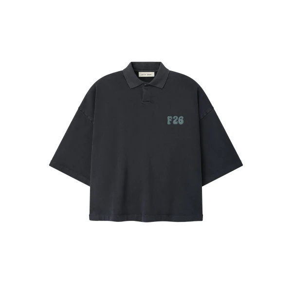 Fear of God Essentials Heavy Jersey Cropped Polo in Washed Iron Grey | Coveti
