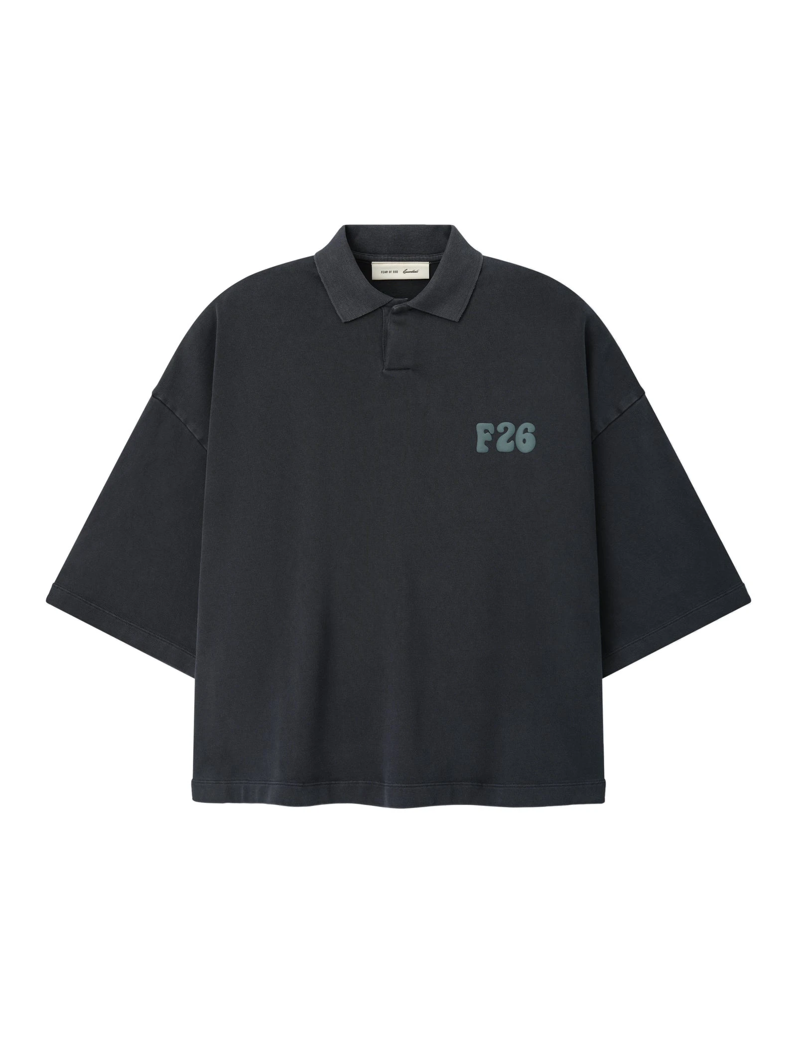 Fear of God Essentials Heavy Jersey Cropped Polo in Washed Iron Grey Fear of God Essentials Heavy Jersey Cropped Polo in Washed Iron Grey | Coveti