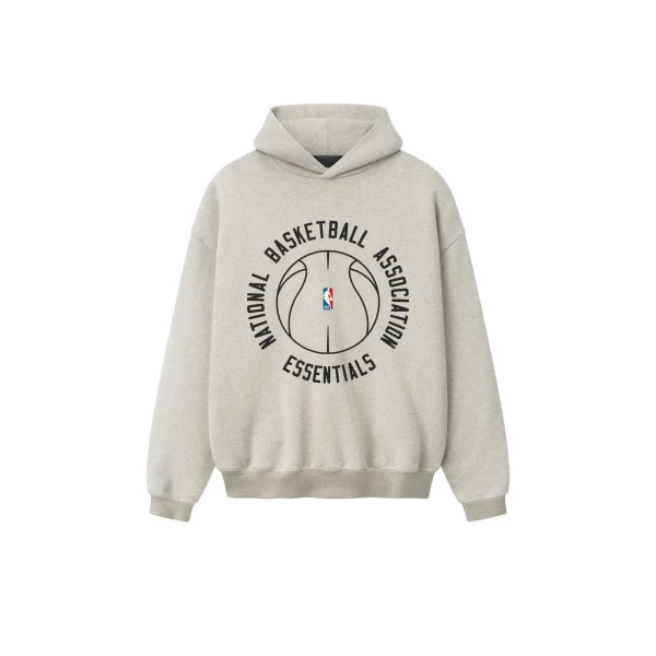 Fear of God Essentials NBA x Barkley Hendricks 90s Hoodie in Heather Stone with and Heather Rib | Coveti
