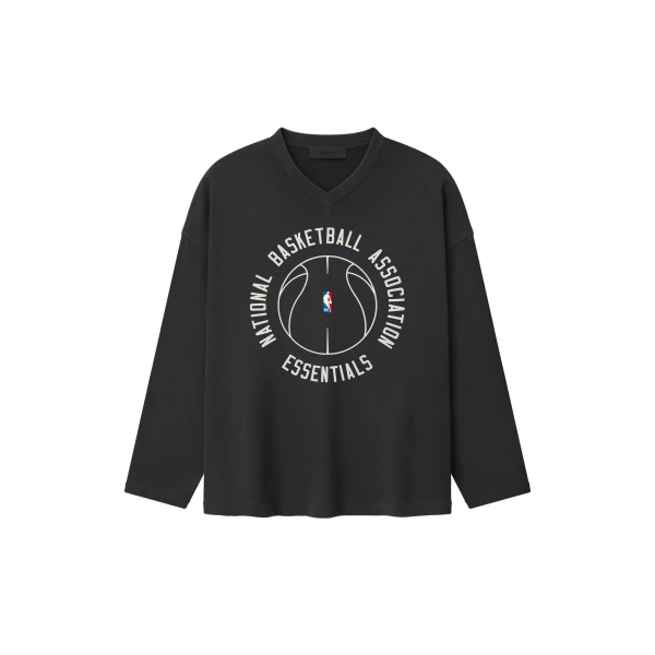 Fear of God Essentials NBA x Barkley Hendricks Long Sleeve V-Neck Tee in Faded Black | Coveti