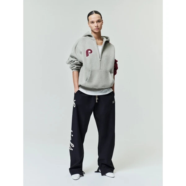 Fear of God Essentials Phillies Raglan Half Zip Sport Hoodie in Seal Heather and Cabernet | Sweatshirts | Coveti