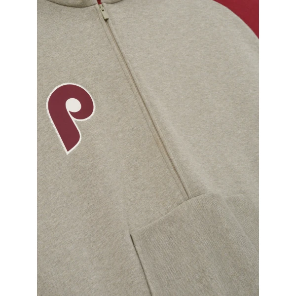 Fear of God Essentials Phillies Raglan Half Zip Sport Hoodie in Seal Heather and Cabernet | Sweatshirts | Coveti