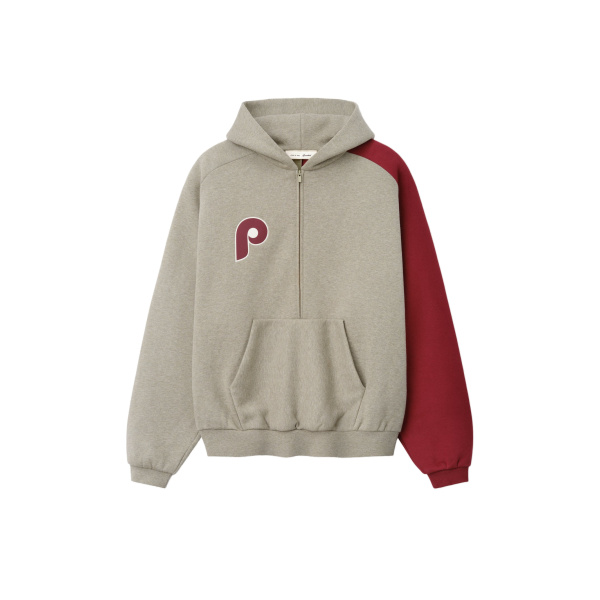 Fear of God Essentials Phillies Raglan Half Zip Sport Hoodie in Seal Heather and Cabernet | Coveti