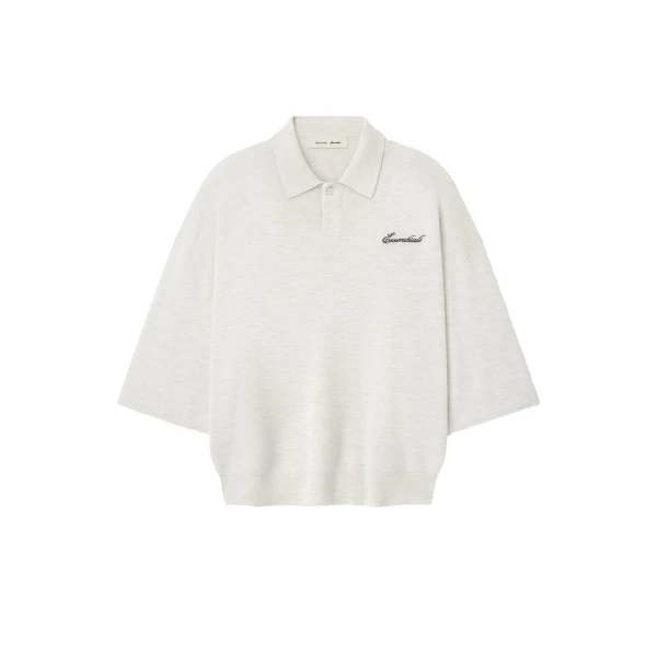 Fear of God Essentials Signature 3/4 Sleeve 90s Knit Polo in Oatmeal Heather | Coveti