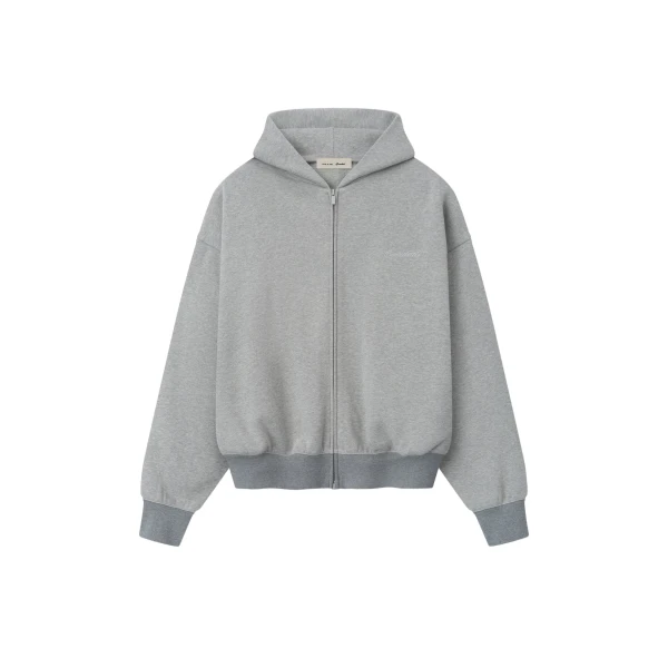 Fear of God Essentials Signature Classic Full Zip Hoodie in Concrete Heather | Coveti