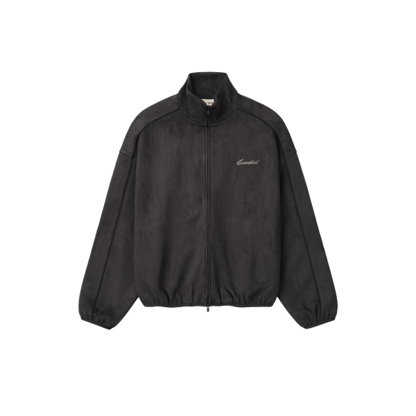 Fear of God Essentials Suede Fleece Signature Modern Track Jacket with Piping in Ink Black | Coveti