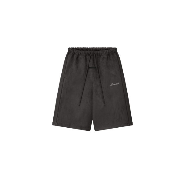 Fear of God Essentials Suede Fleece Signature Relaxed Short with Piping in Ink Black | Coveti