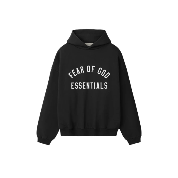 Fear of God Essentials Varsity 90s Hoodie in Vintage Black | Coveti