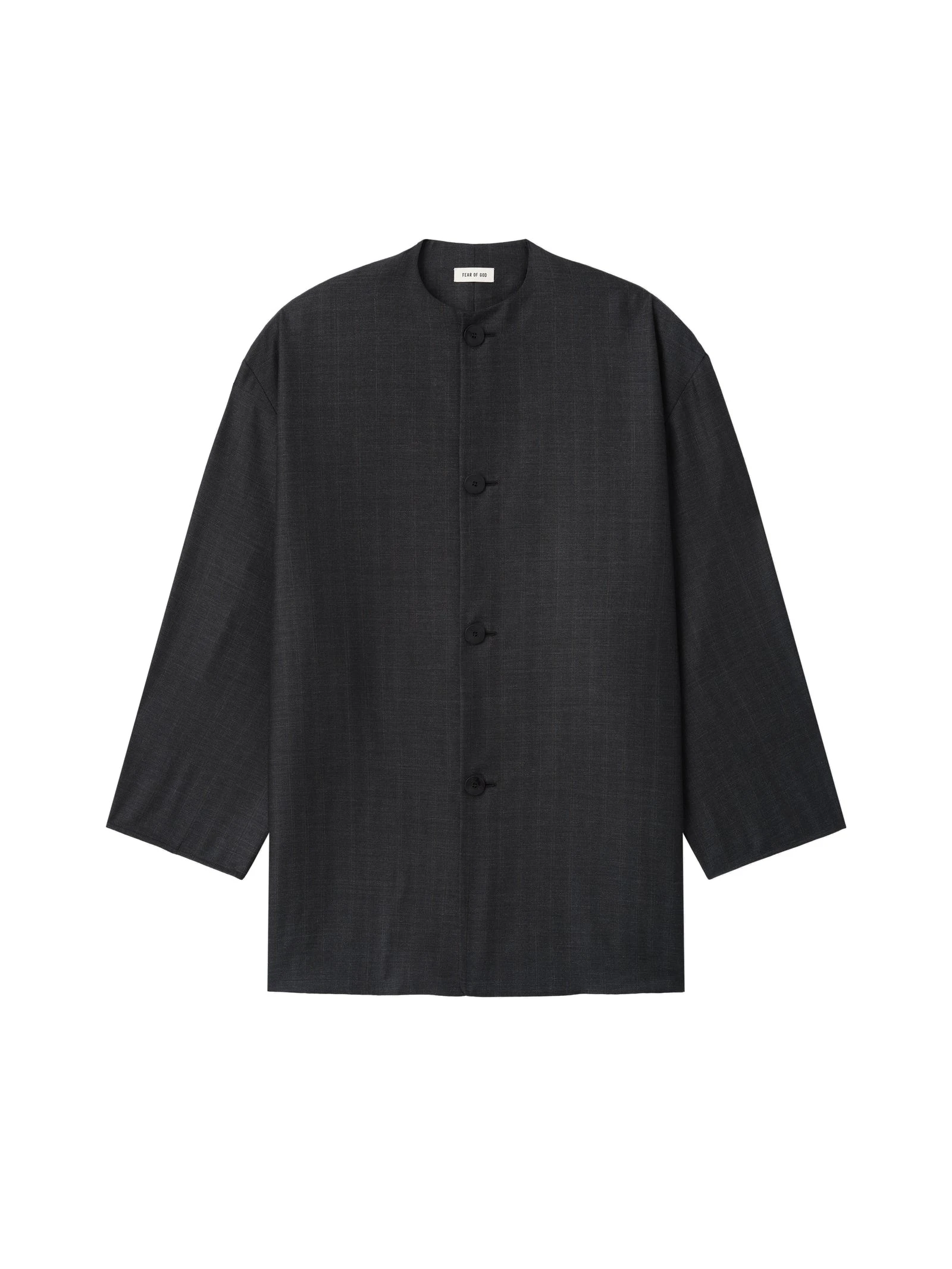 Fear of God Grey Striped Wool Collarless Sport Jacket in Grey Striped Fear of God Grey Striped Wool Collarless Sport Jacket in Grey Striped | Coveti