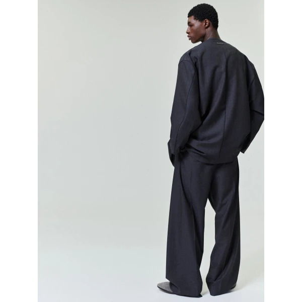 Fear of God Grey Striped Wool Wide Leg Drawstring Pants in Grey Striped | Pants | Coveti