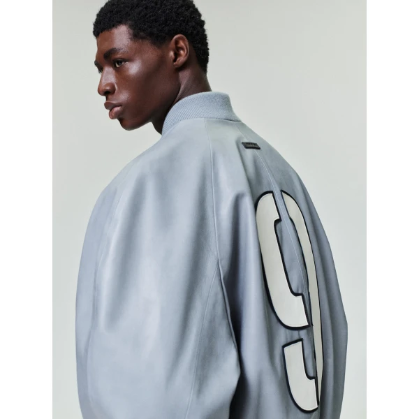 Fear of God Leather 9 Raglan Bomber Jacket in Metallic Grey | Men Jackets | Coveti