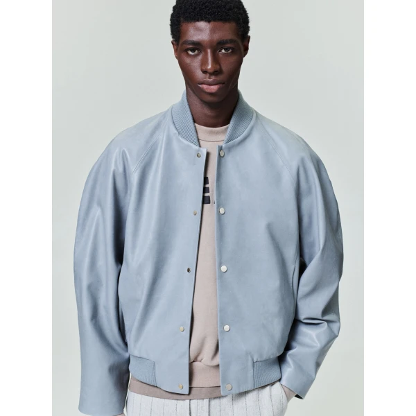 Fear of God Leather 9 Raglan Bomber Jacket in Metallic Grey | Men Jackets | Coveti