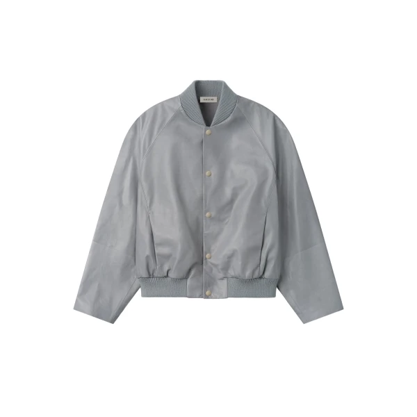 Fear of God Leather 9 Raglan Bomber Jacket in Metallic Grey | Coveti