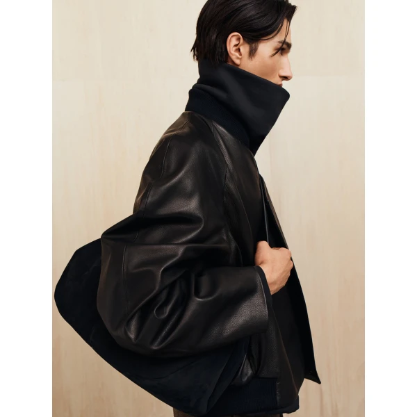 Fear of God Leather Raglan Bomber Jacket in Black | Men Jackets | Coveti