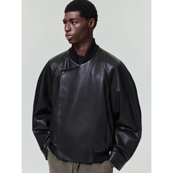 Fear of God Leather Raglan Bomber Jacket in Black | Men Jackets | Coveti