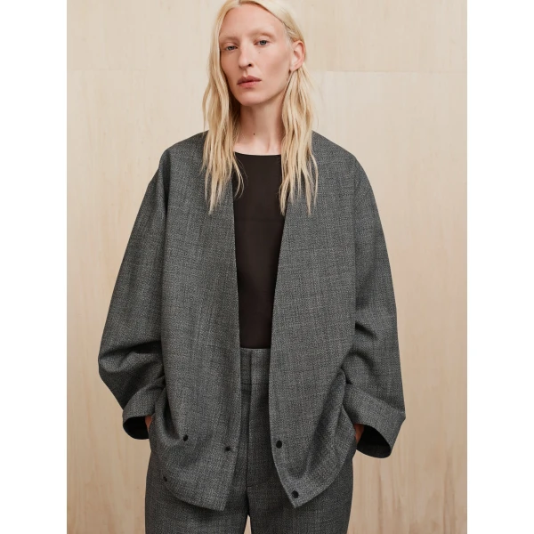 Fear of God Mouline Wool Relaxed Lapelless Jacket in Off White and Black | Men Jackets | Coveti