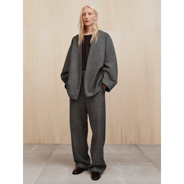 Fear of God Mouline Wool Relaxed Lapelless Jacket in Off White and Black | Men Jackets | Coveti