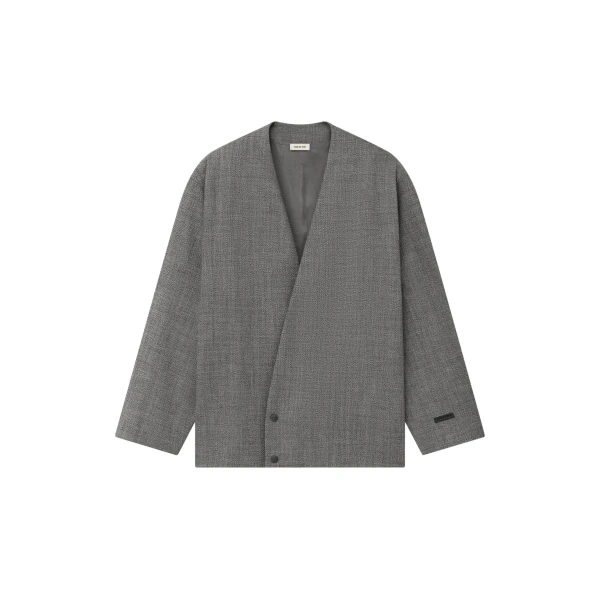 Fear of God Mouline Wool Relaxed Lapelless Jacket in Off White and Black | Coveti