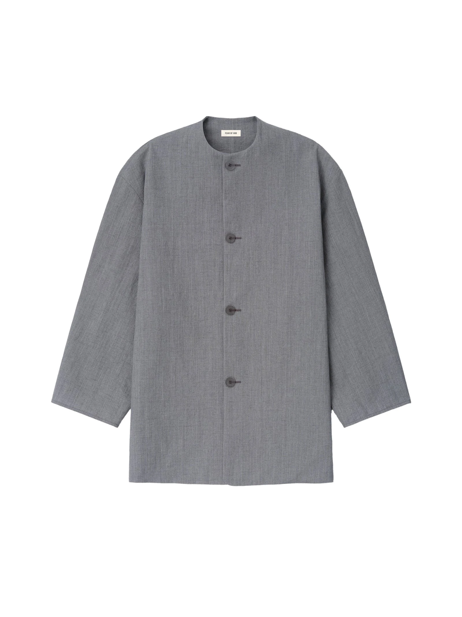 Fear of God Wool Linen Collarless Sport Jacket in Metallic Grey Fear of God Wool Linen Collarless Sport Jacket in Metallic Grey | Coveti