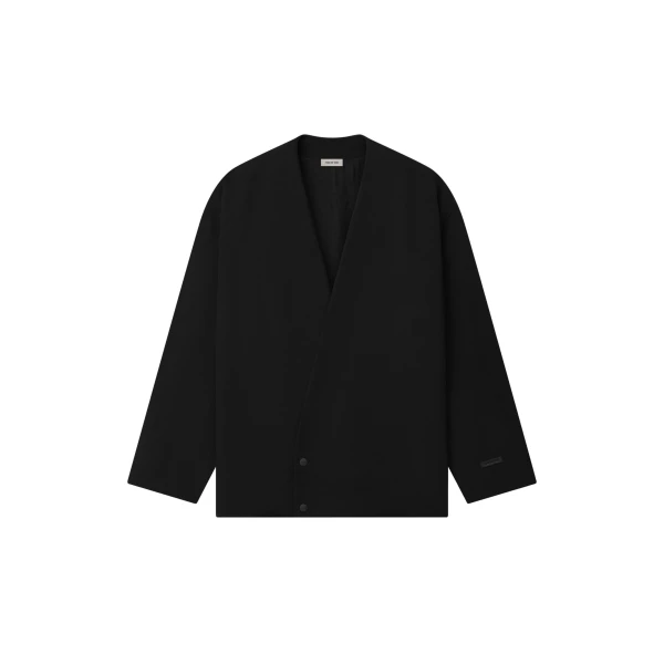 Wool Ripstop Relaxed Cropped Lapelless Jacket in Black