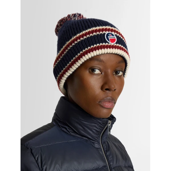 Fusalp Pompon Beanie in Navy, Racing Red and Snow, view 3 | Hats | Coveti