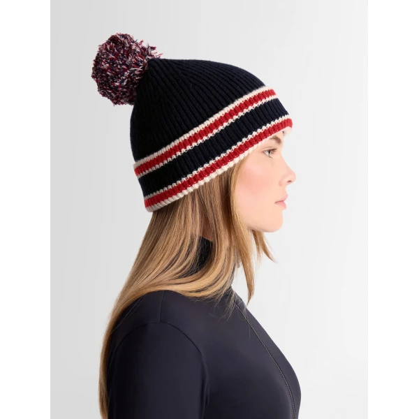 Fusalp Pompon Beanie in Navy, Racing Red and Snow, view 4 | Hats | Coveti
