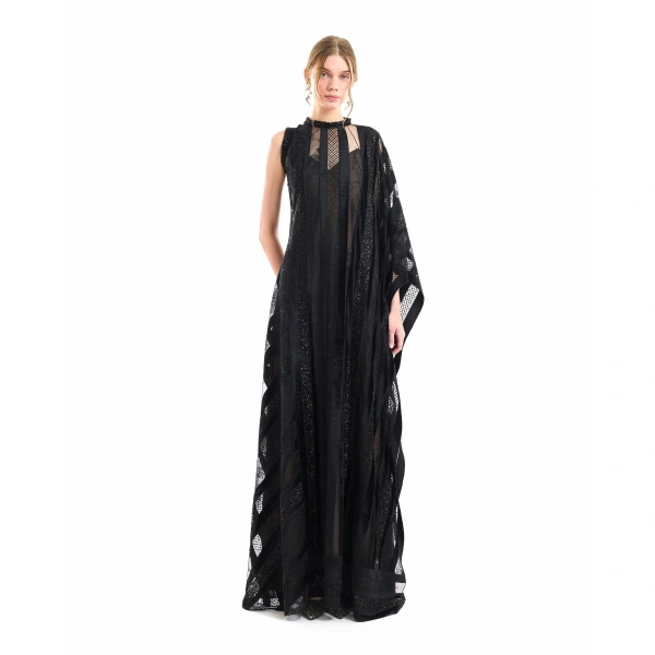 Gemy Maalouf Asymmetrical One-Sleeve Beaded Dress in Black | Evening Gowns | Coveti, view 2