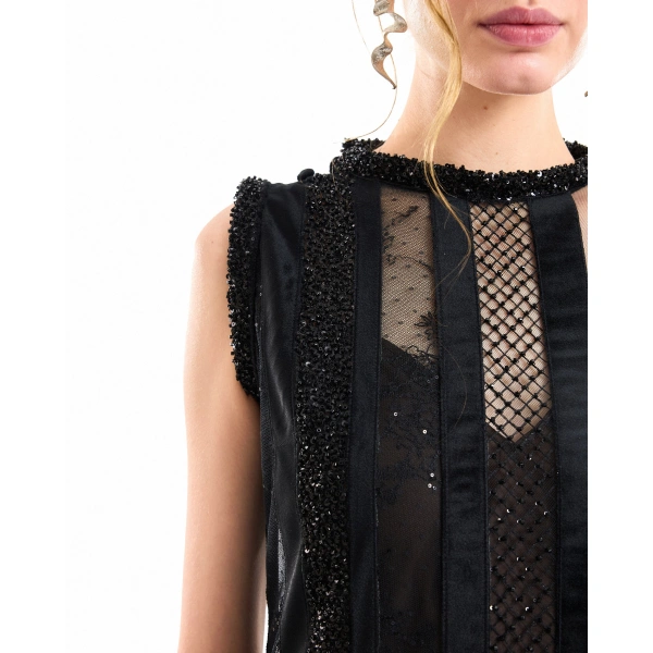 Gemy Maalouf Asymmetrical One-Sleeve Beaded Dress in Black | Evening Gowns | Coveti, view 4