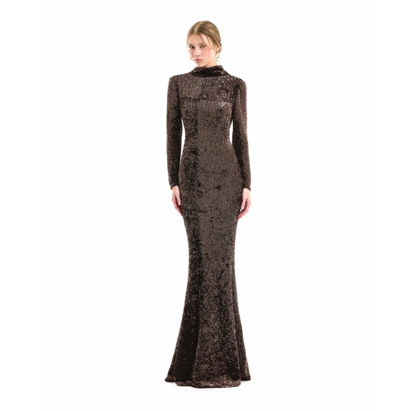 Gemy Maalouf Beaded Open-Back Slim Dress in Brown | Evening Gowns | Coveti, view 2