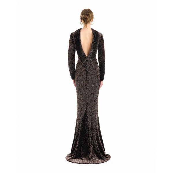 Gemy Maalouf Beaded Open-Back Slim Dress in Brown | Evening Gowns | Coveti, view 3