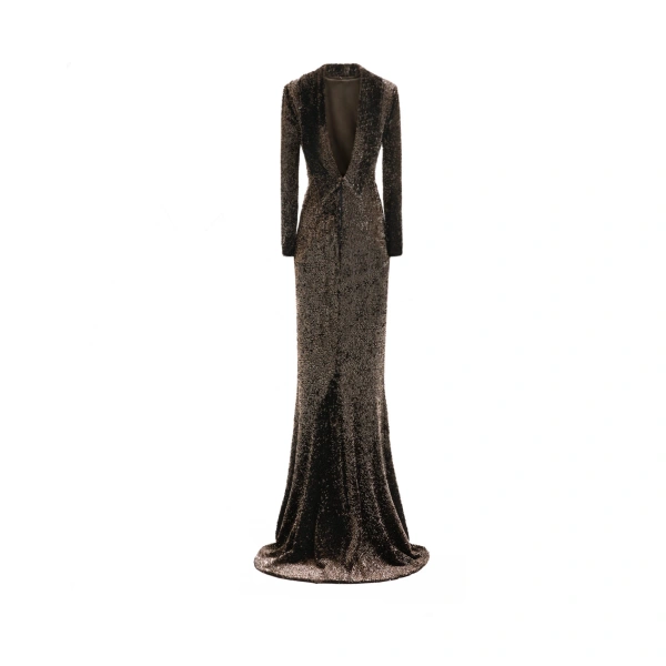 Gemy Maalouf Beaded Open-Back Slim Dress in Brown | Evening Gowns | Coveti, view 5