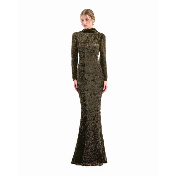 Gemy Maalouf Beaded Open-Back Slim Dress in Olive | Evening Gowns | Coveti, view 2