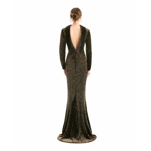 Gemy Maalouf Beaded Open-Back Slim Dress in Olive | Evening Gowns | Coveti, view 3