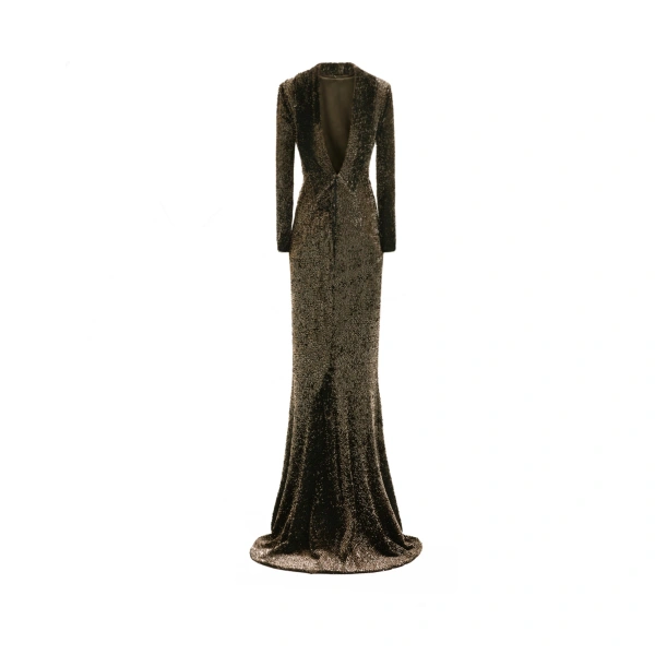 Gemy Maalouf Beaded Open-Back Slim Dress in Olive | Evening Gowns | Coveti, view 5