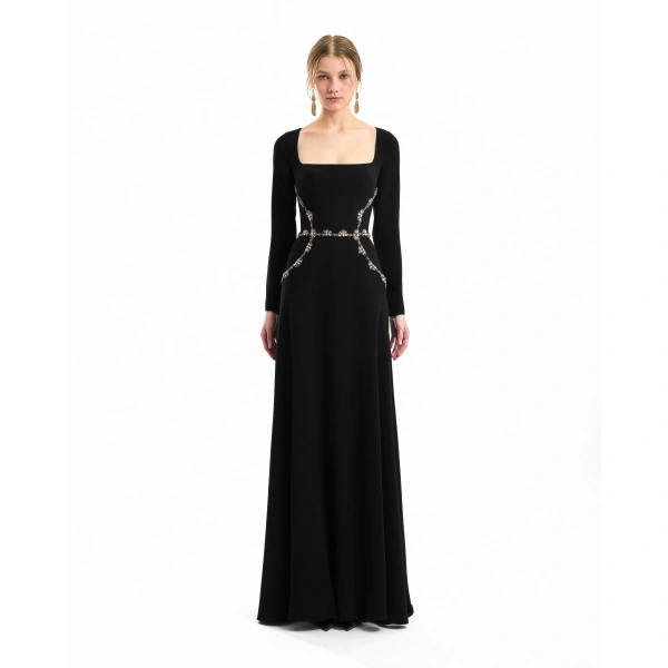 Gemy Maalouf Beaded Waist Dress in Black | Evening Gowns | Coveti, view 2