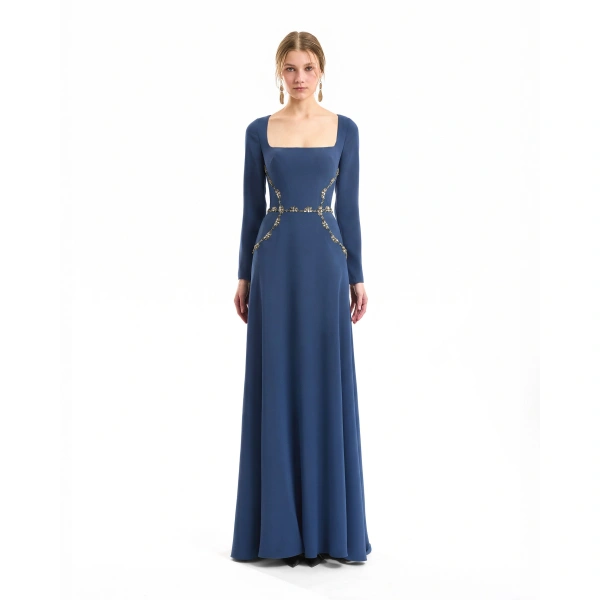 Gemy Maalouf Beaded Waist Dress in Blue | Evening Gowns | Coveti, view 2