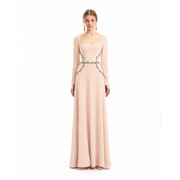 Gemy Maalouf Beaded Waist Dress in Blush | Evening Gowns | Coveti, view 2