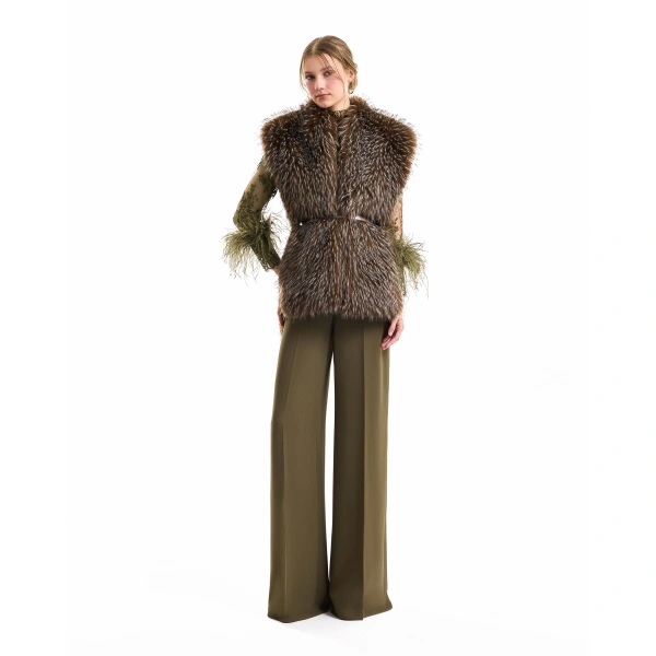 Gemy Maalouf Belted Fur Gilet in Khaki | Fur Jackets | Coveti, view 2
