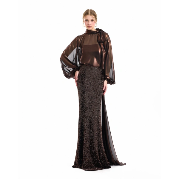 Gemy Maalouf Bishop Sleeve Bow Scarf Blouse in Brown | Blouses | Coveti, view 2