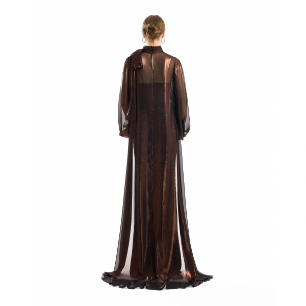 Gemy Maalouf Bishop Sleeve Bow Scarf Blouse in Brown | Blouses | Coveti, view 3