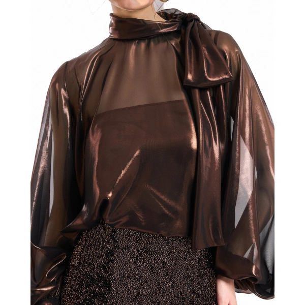 Gemy Maalouf Bishop Sleeve Bow Scarf Blouse in Brown | Blouses | Coveti, view 4