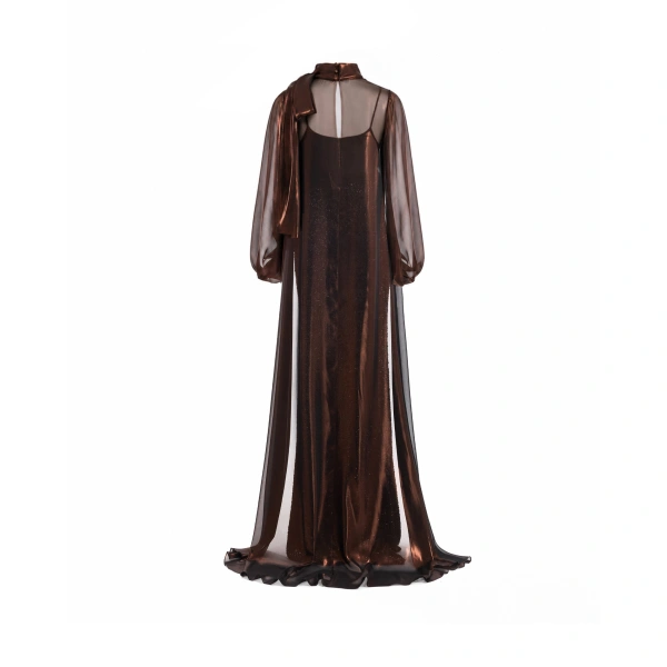 Gemy Maalouf Bishop Sleeve Bow Scarf Blouse in Brown | Blouses | Coveti, view 5