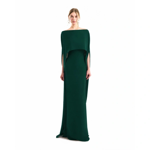 Gemy Maalouf Cape Overlay Dress in Emerald | Evening Gowns | Coveti, view 2