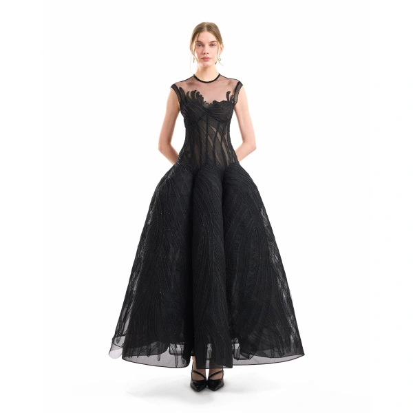 Gemy Maalouf Corseted Sculptural Hip Dress in Black | Evening Gowns | Coveti, view 2