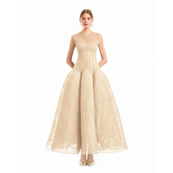 Gemy Maalouf Corseted Sculptural Hip Dress in Champagne | Evening Gowns | Coveti, view 2