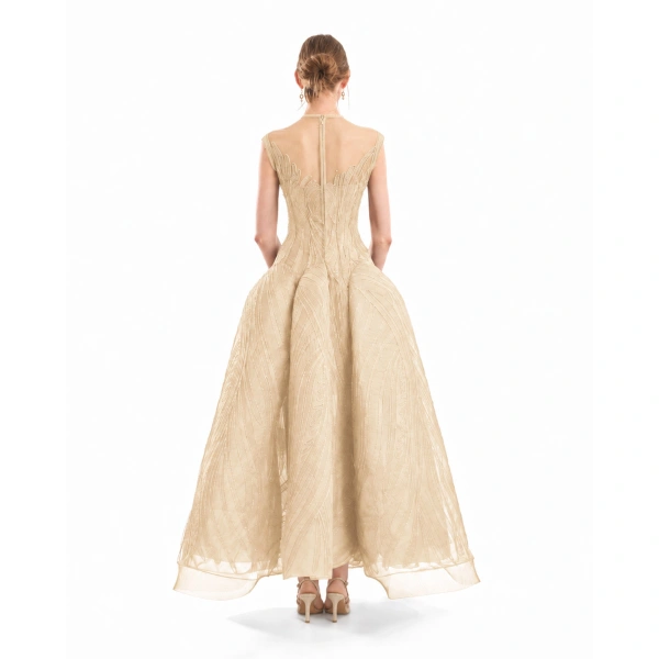 Gemy Maalouf Corseted Sculptural Hip Dress in Champagne | Evening Gowns | Coveti, view 3