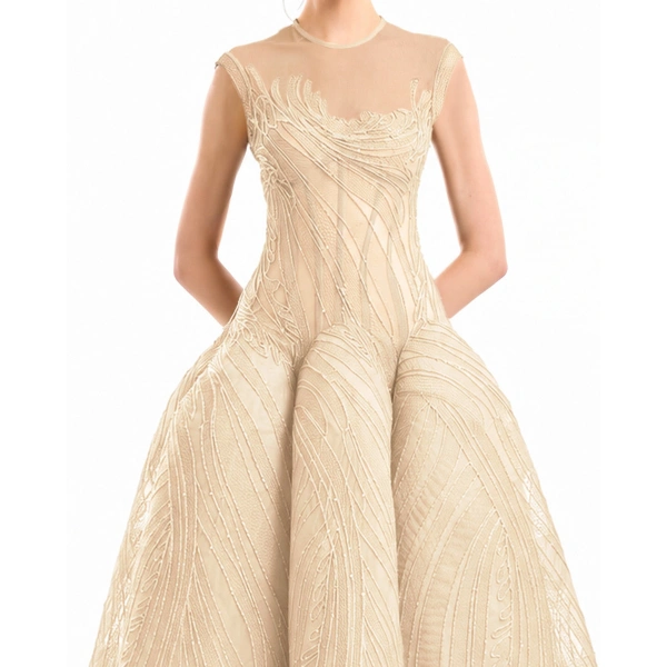 Gemy Maalouf Corseted Sculptural Hip Dress in Champagne | Evening Gowns | Coveti, view 4