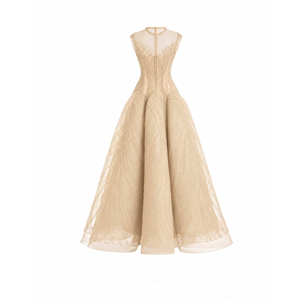 Gemy Maalouf Corseted Sculptural Hip Dress in Champagne | Evening Gowns | Coveti, view 5