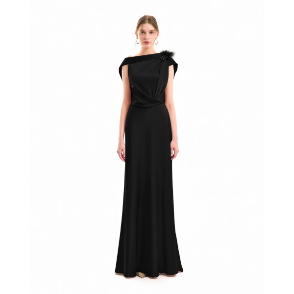 Gemy Maalouf Draped Brooch Dress in Black | Evening Gowns | Coveti, view 2